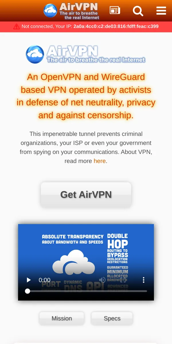 Startseite von AirVPN auf dem Smartphone – im Vergleich: bester VPN für Österreich