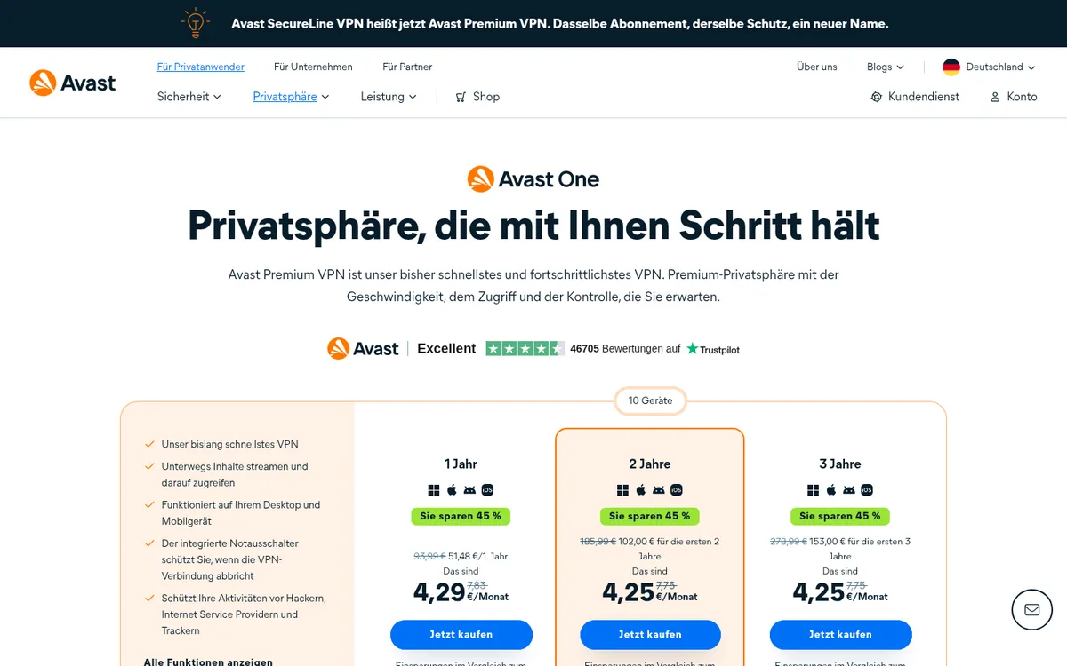 Startseite von Avast Premium VPN am Computer – im Vergleich: bester VPN für Österreich