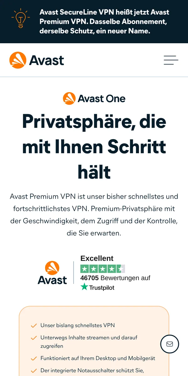 Startseite von Avast Premium VPN auf dem Smartphone – im Vergleich: bester VPN für Österreich