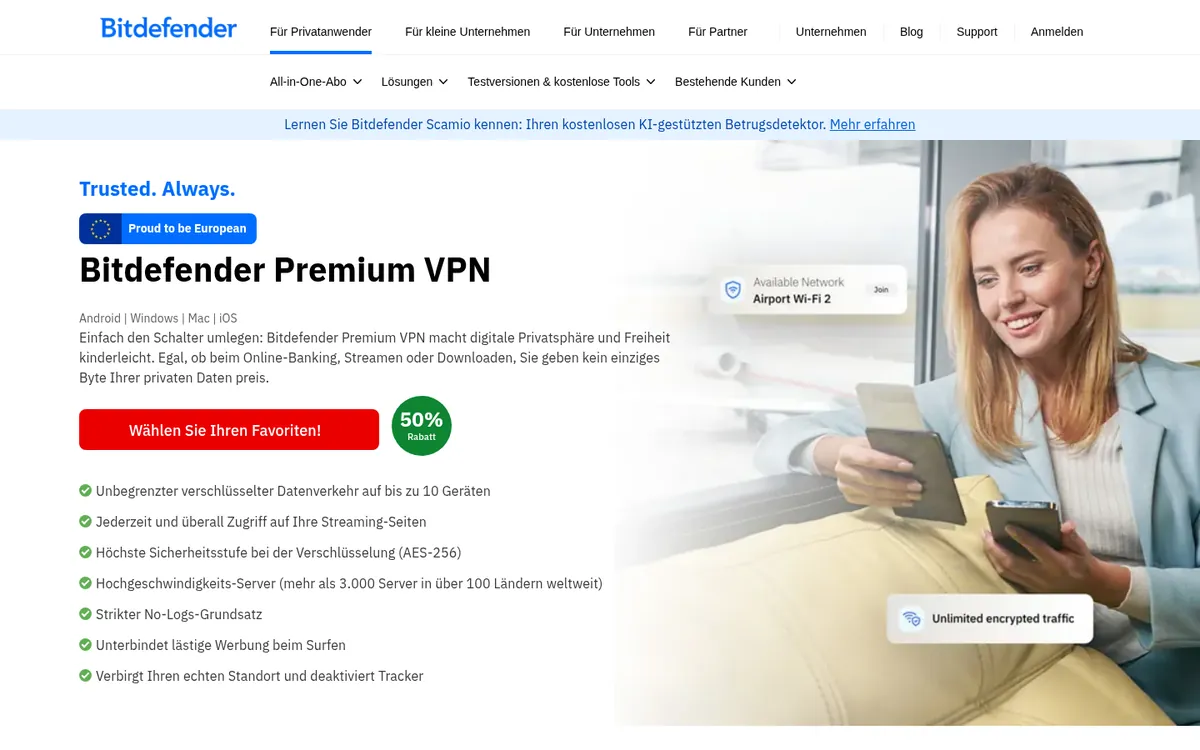 Startseite von Bitdefender VPN am Computer – im Vergleich: bester VPN für Österreich