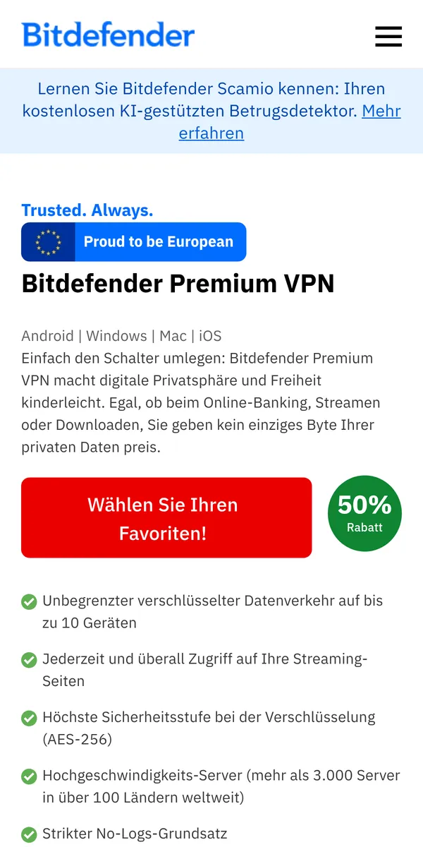 Startseite von Bitdefender VPN auf dem Smartphone – im Vergleich: bester VPN für Österreich