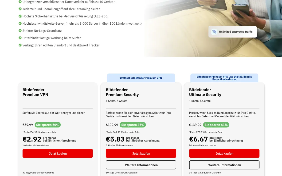 Preisseite von Bitdefender VPN – im Vergleich: bester VPN für Österreich