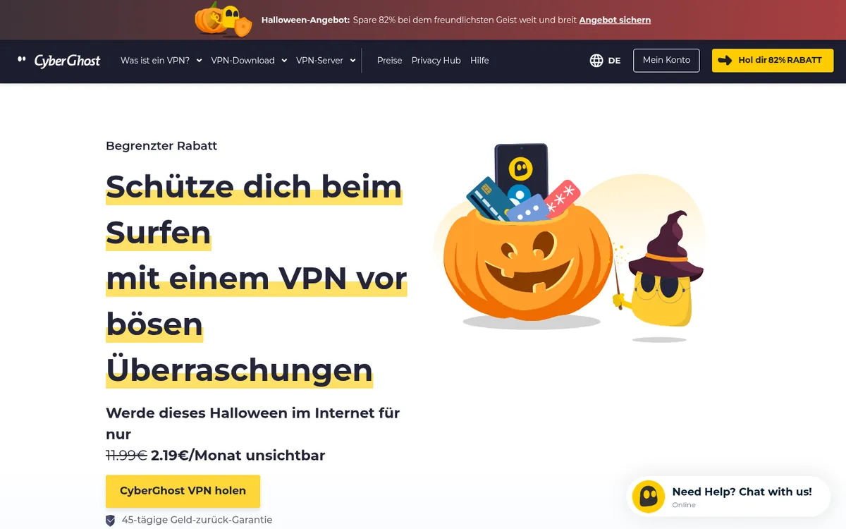 Startseite von CyberGhost mit dem Hinweis auf die Geld-zurück-Frist
