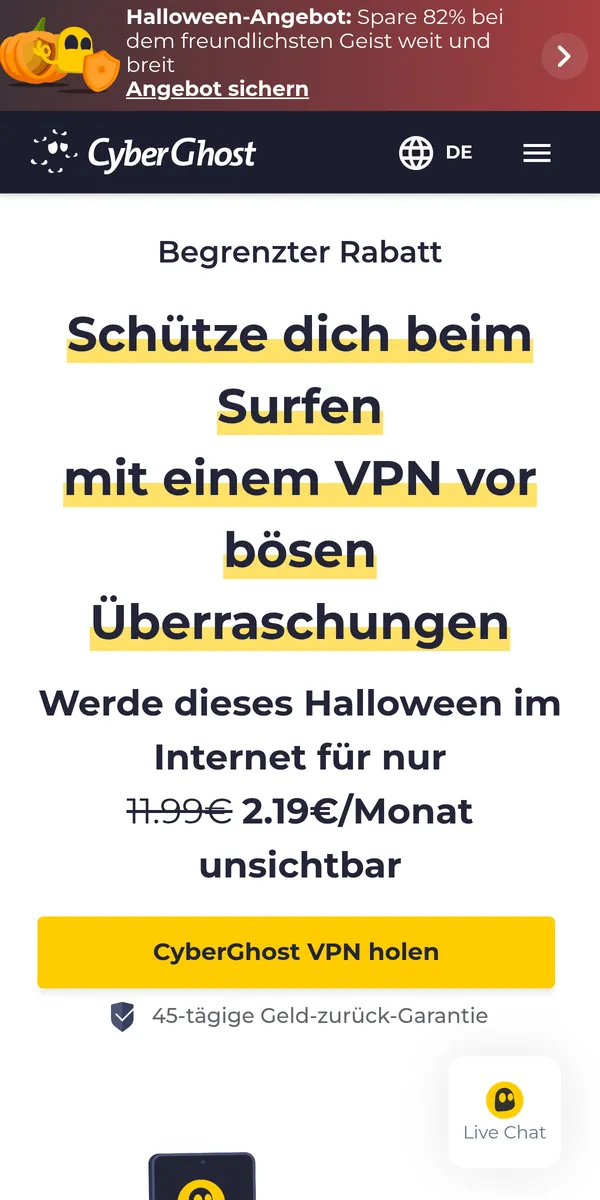 Startseite von CyberGhost auf dem Smartphone – im Vergleich: bester VPN für Österreich