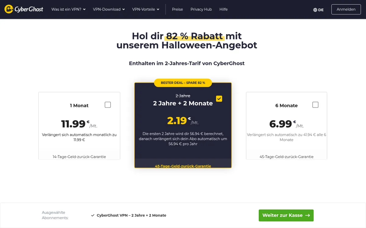 Preisseite von CyberGhost – im Vergleich: bester VPN für Österreich