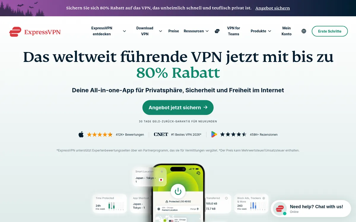 Startseite von ExpressVPN am Computer – im Vergleich: bester VPN für Österreich