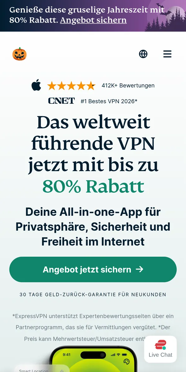 Startseite von ExpressVPN auf dem Smartphone – im Vergleich: bester VPN für Österreich