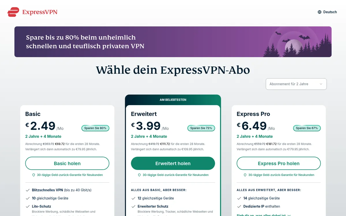 Preisseite von ExpressVPN – im Vergleich: bester VPN für Österreich