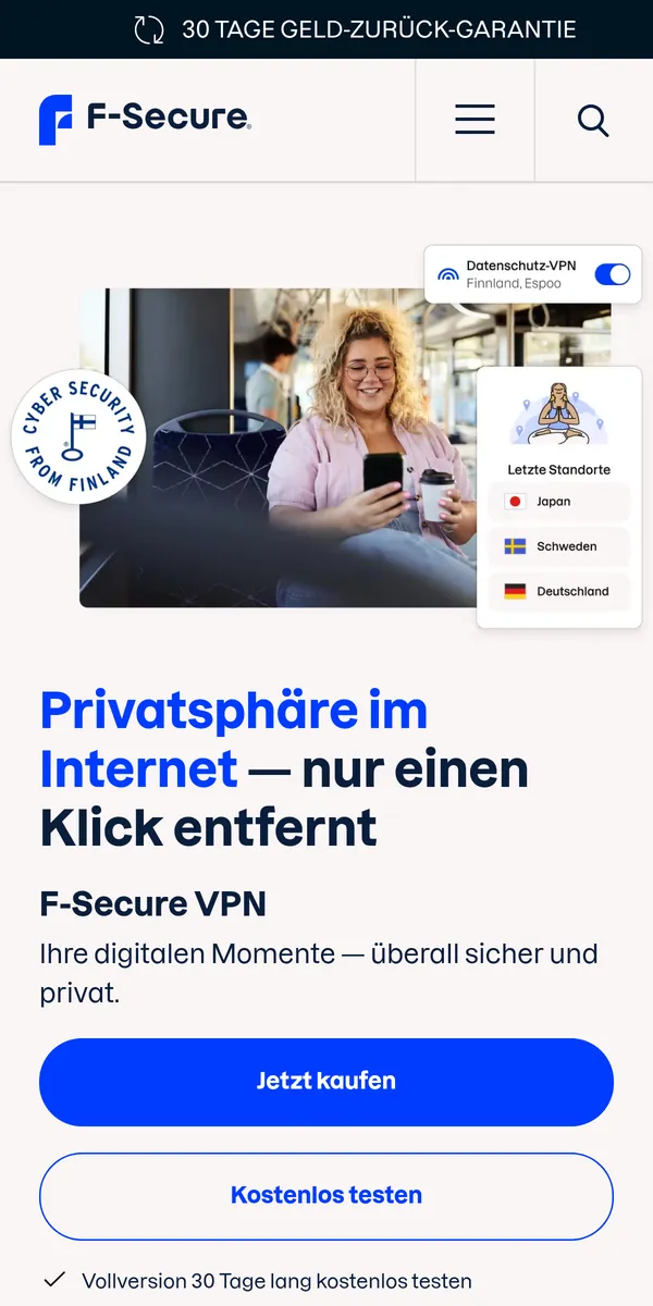 Startseite von F-Secure VPN auf dem Smartphone – im Vergleich: bester VPN für Österreich