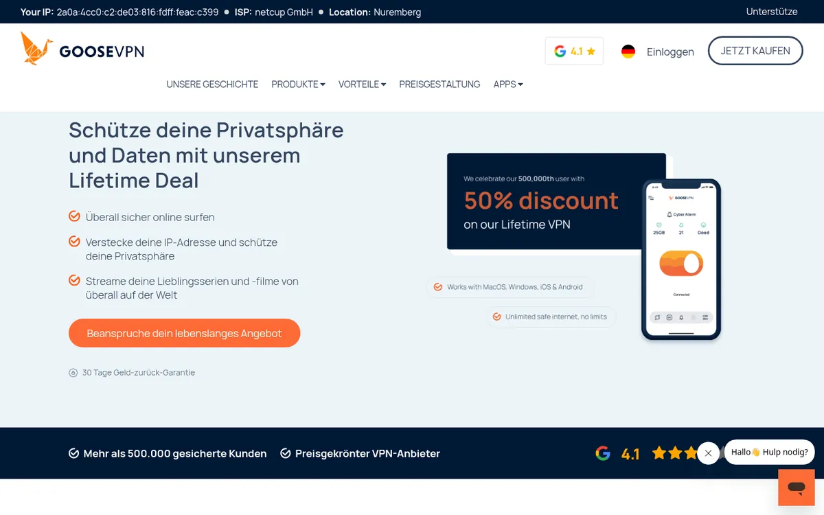 Startseite von Goose VPN am Computer – im Vergleich: bester VPN für Österreich
