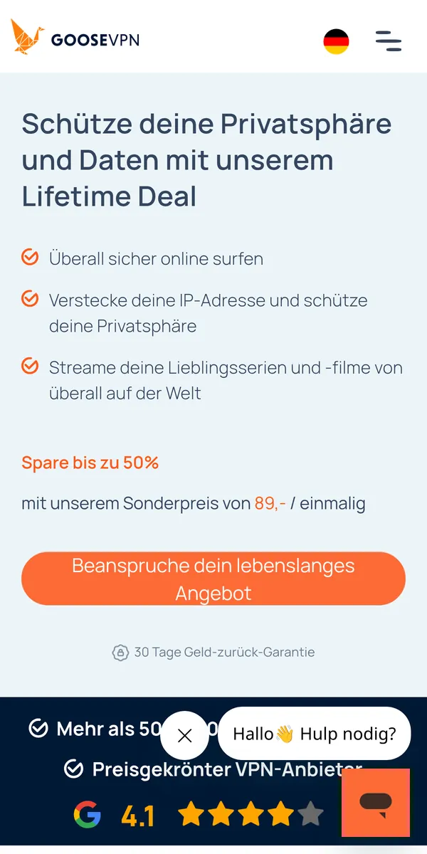 Startseite von Goose VPN auf dem Smartphone – im Vergleich: bester VPN für Österreich