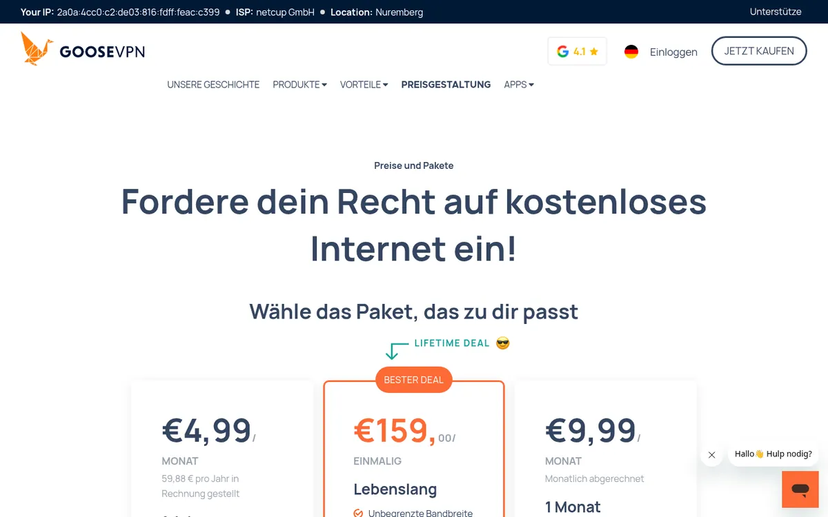 Preisseite von Goose VPN – im Vergleich: bester VPN für Österreich