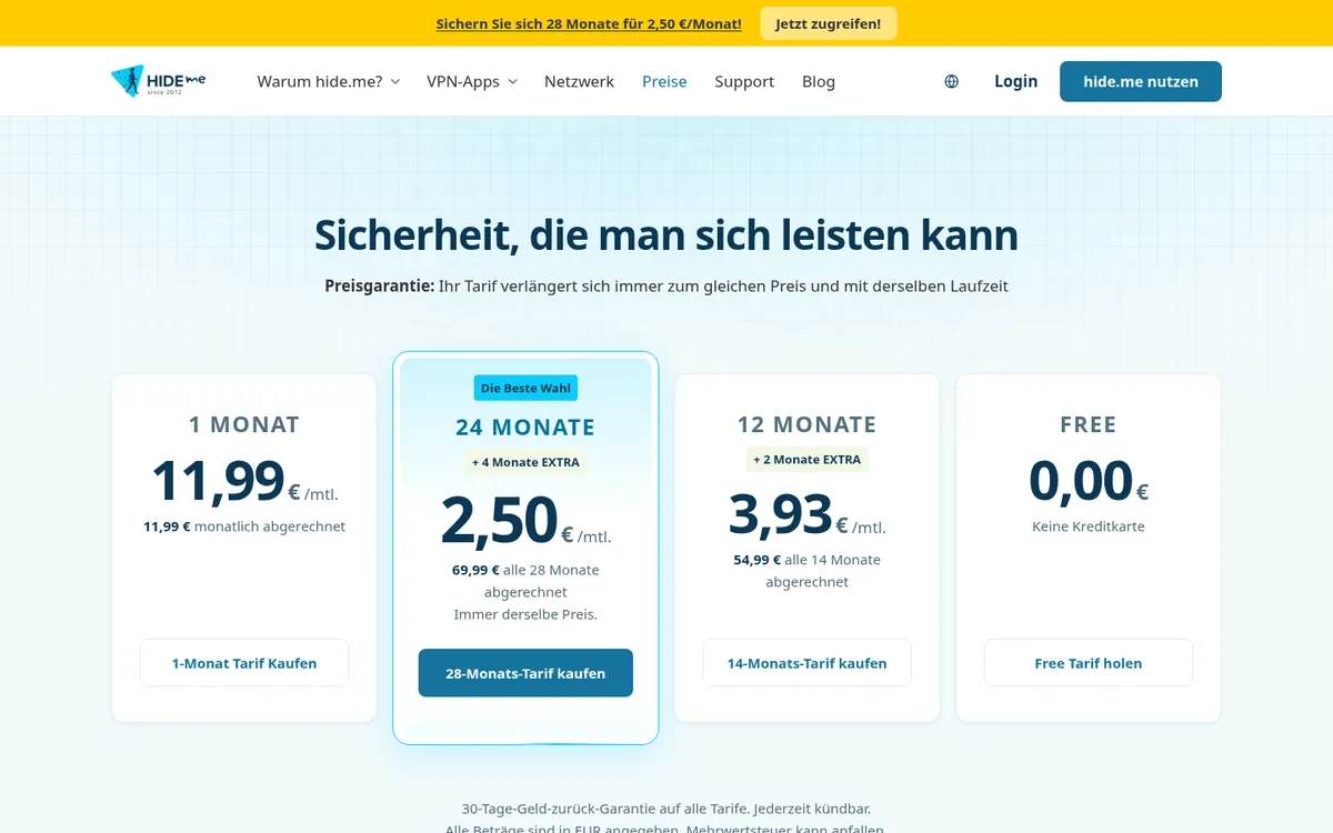 Preisseite von hide.me – im Vergleich: bester VPN für Österreich