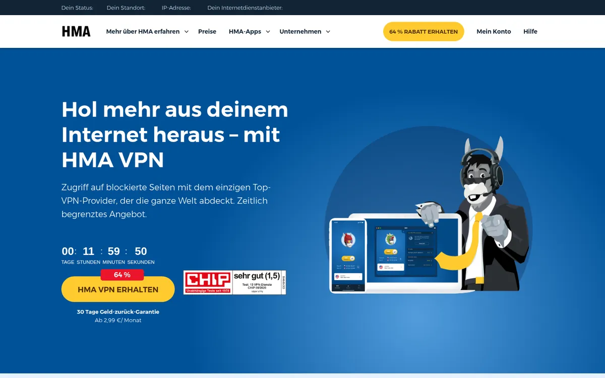 Startseite von HMA am Computer – im Vergleich: bester VPN für Österreich