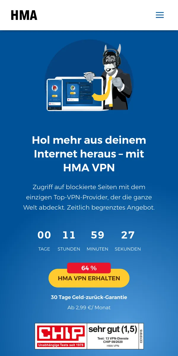 Startseite von HMA auf dem Smartphone – im Vergleich: bester VPN für Österreich