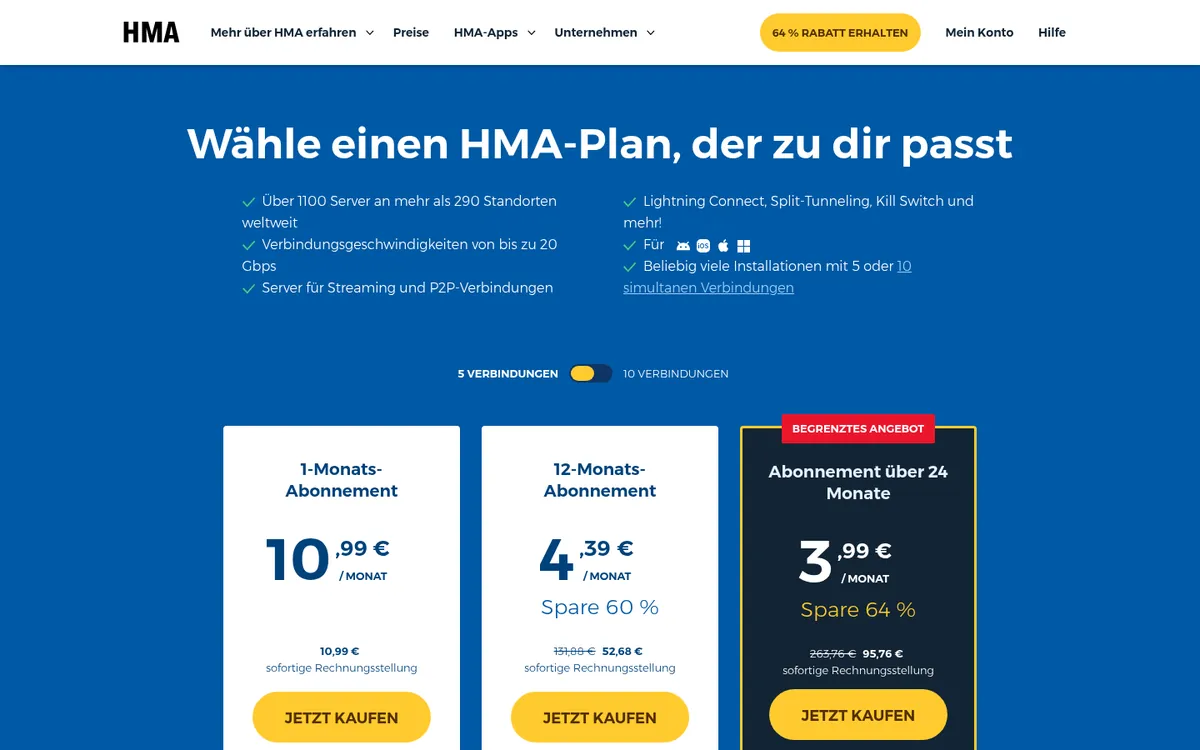 Preisseite von HMA – im Vergleich: bester VPN für Österreich