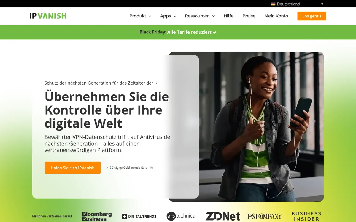 Startseite von IPVanish, einem der Dienste im Vergleich