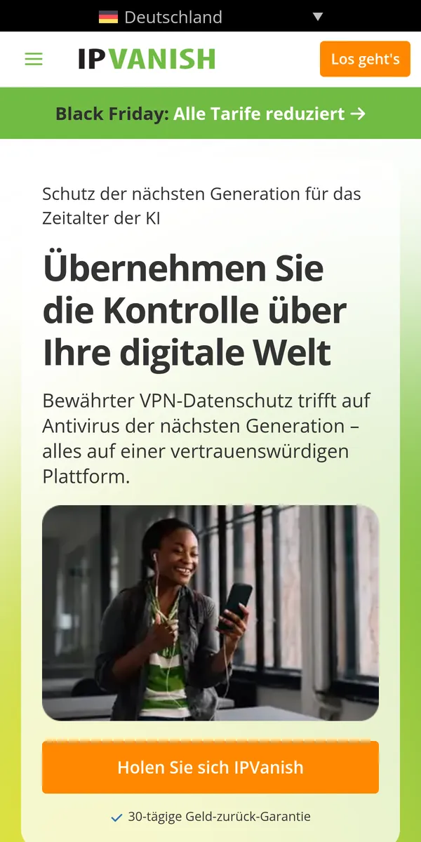 Startseite von IPVanish auf dem Smartphone – im Vergleich: bester VPN für Österreich