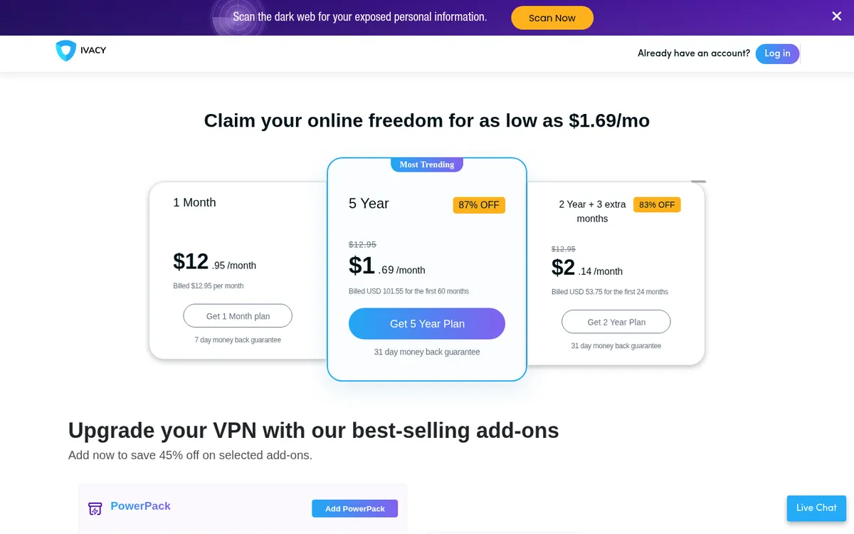 Preisseite von Ivacy – im Vergleich: bester VPN für Österreich