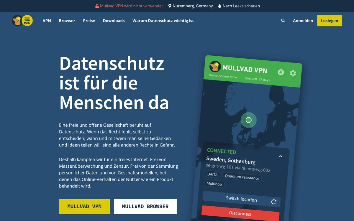Startseite von Mullvad am Computer – im Vergleich: bester VPN für Österreich