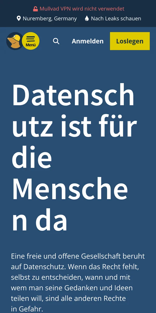 Startseite von Mullvad auf dem Smartphone – im Vergleich: bester VPN für Österreich