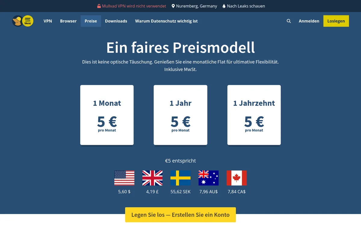 Preisseite von Mullvad – im Vergleich: bester VPN für Österreich