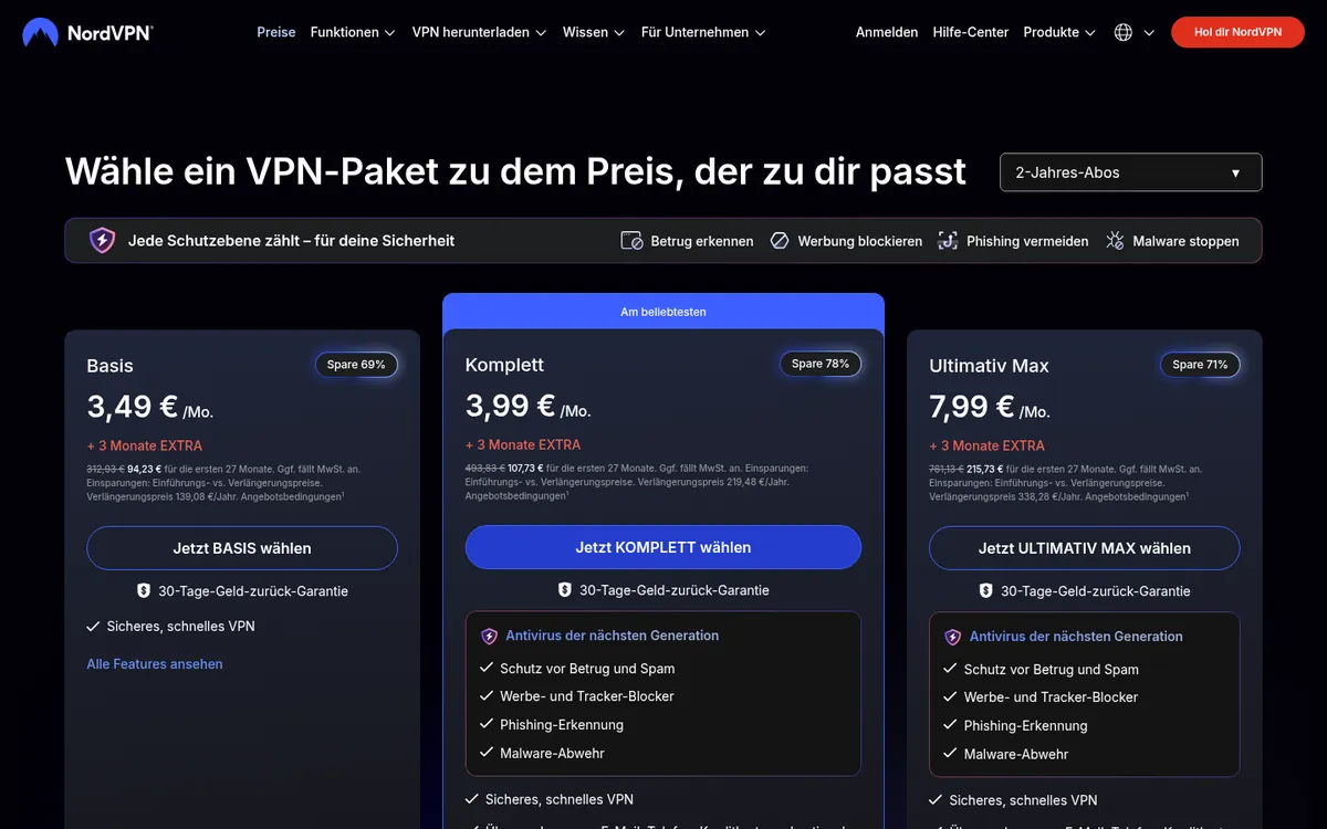 Preisseite von NordVPN mit den Tarifen, die man vor dem Abschluss vergleichen kann