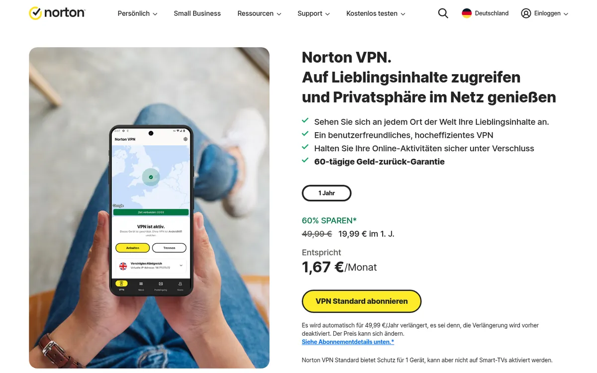 Startseite von Norton VPN am Computer – im Vergleich: bester VPN für Österreich
