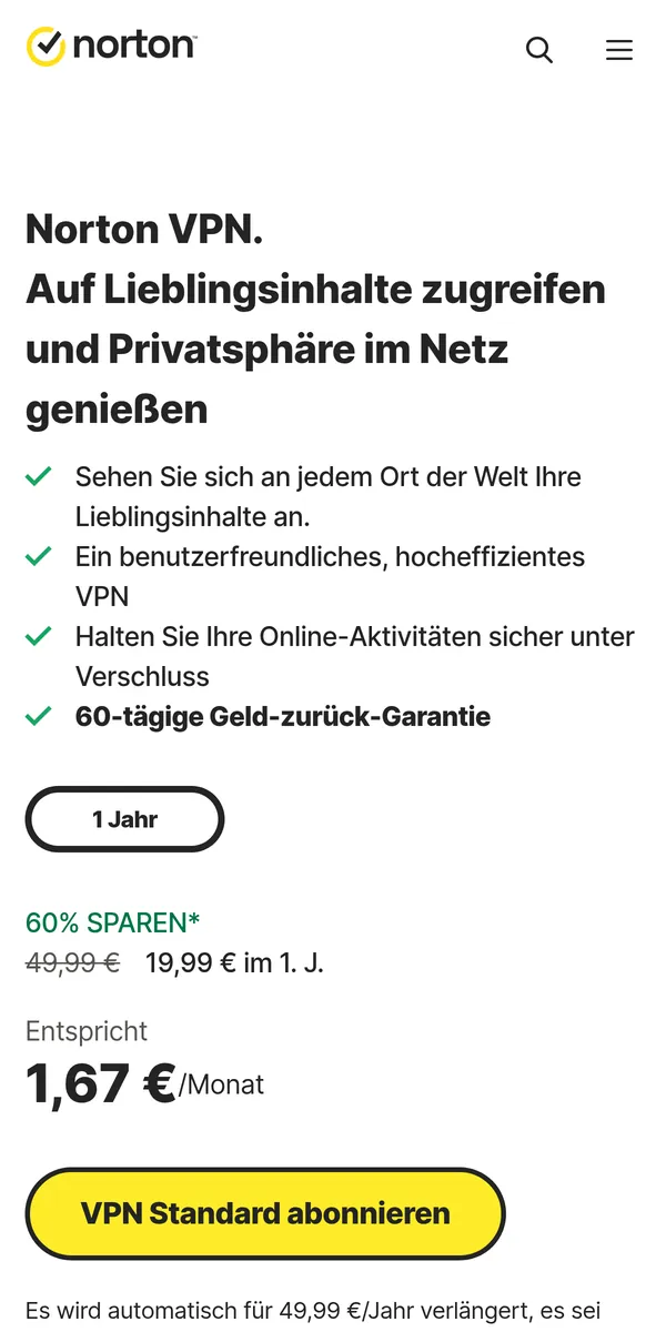 Startseite von Norton VPN auf dem Smartphone – im Vergleich: bester VPN für Österreich