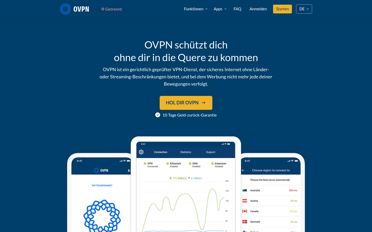 Startseite von OVPN am Computer – im Vergleich: bester VPN für Österreich
