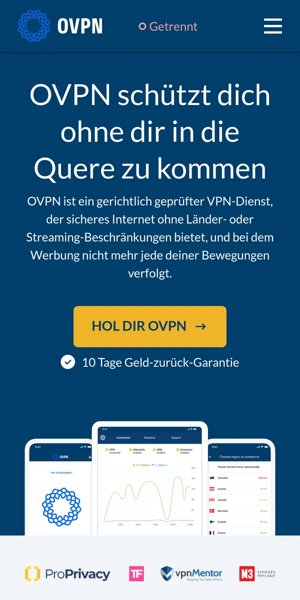 Startseite von OVPN auf dem Smartphone – im Vergleich: bester VPN für Österreich