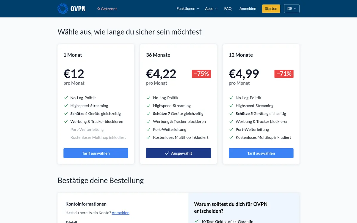 Preisseite von OVPN – im Vergleich: bester VPN für Österreich