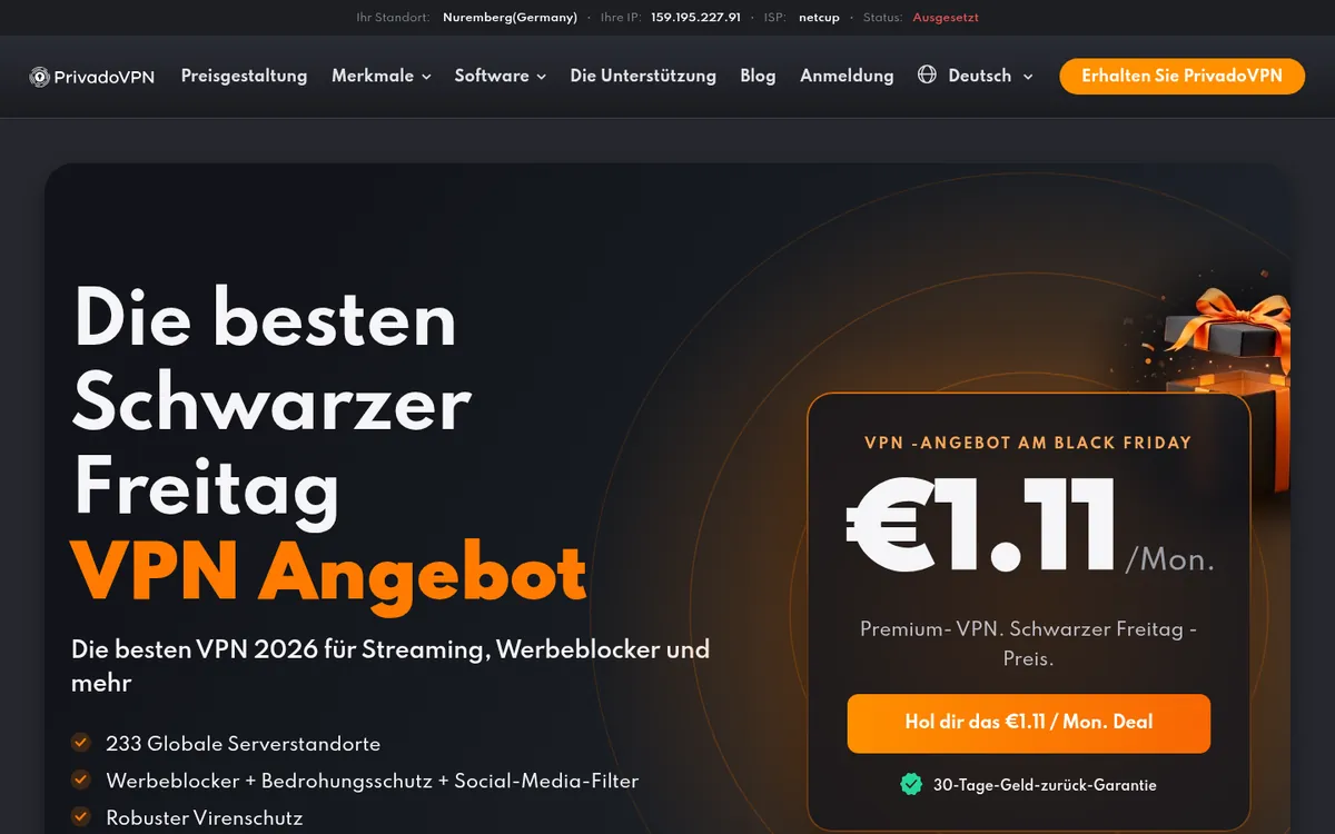 Startseite von PrivadoVPN am Computer – im Vergleich: bester VPN für Österreich