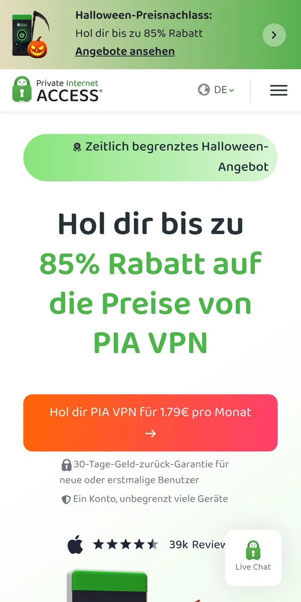 Startseite von Private Internet Access auf dem Smartphone – im Vergleich: bester VPN für Österreich