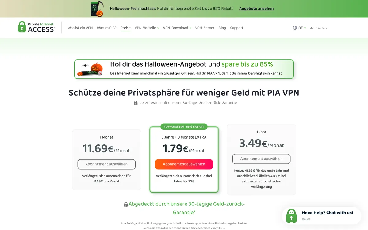 Preisseite von Private Internet Access – im Vergleich: bester VPN für Österreich