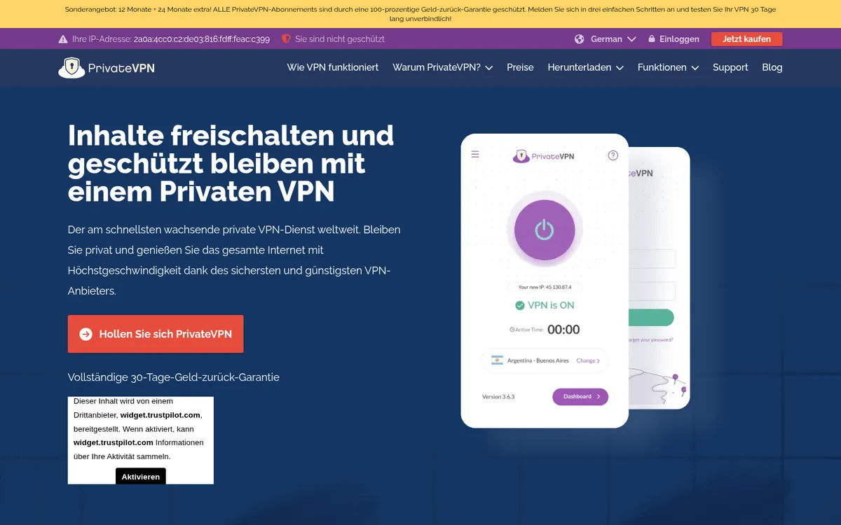 Startseite von PrivateVPN am Computer – im Vergleich: bester VPN für Österreich