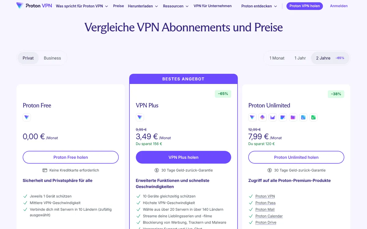 Preisseite von Proton VPN – im Vergleich: bester VPN für Österreich