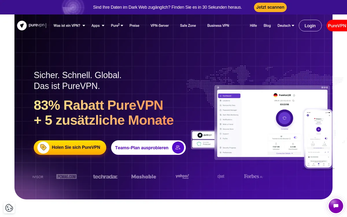 Startseite von PureVPN am Computer – im Vergleich: bester VPN für Österreich