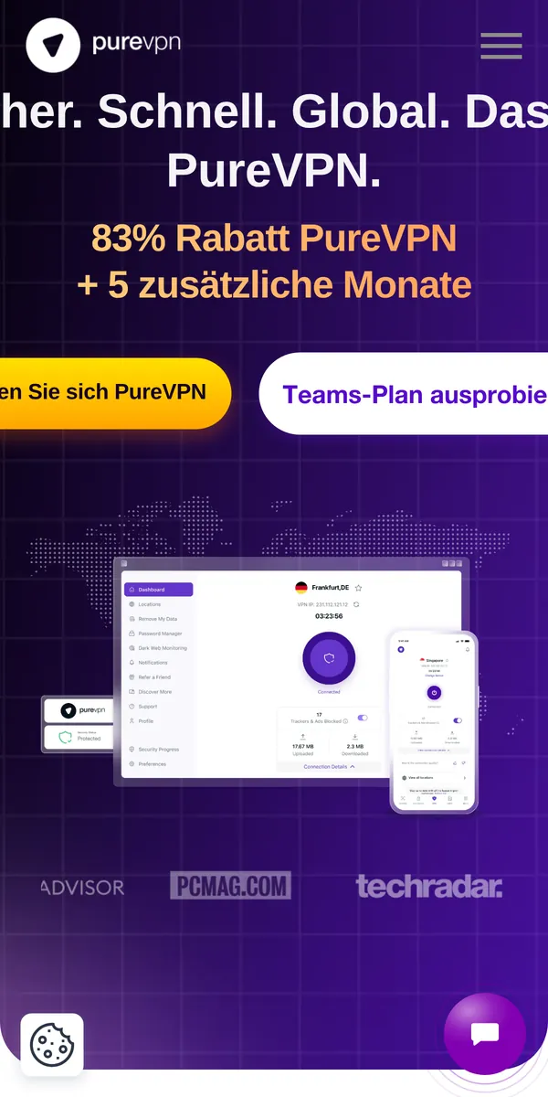 Startseite von PureVPN auf dem Smartphone – im Vergleich: bester VPN für Österreich