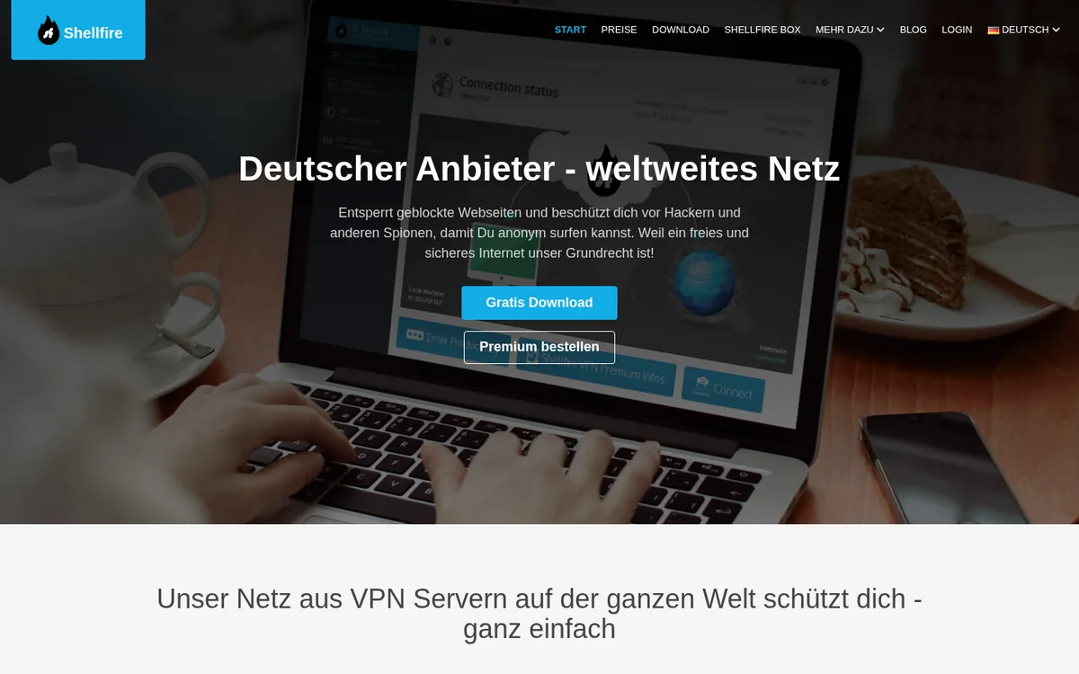 Startseite von Shellfire VPN am Computer – im Vergleich: bester VPN für Österreich