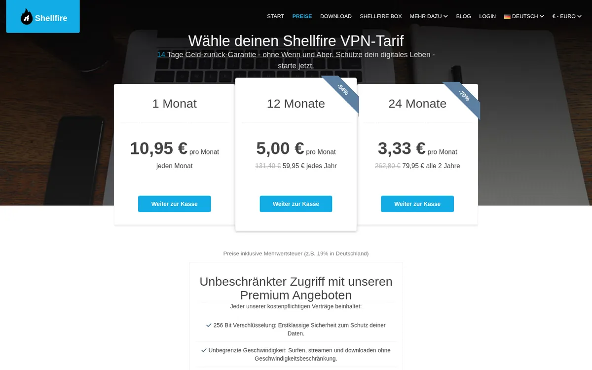Preisseite von Shellfire VPN – im Vergleich: bester VPN für Österreich