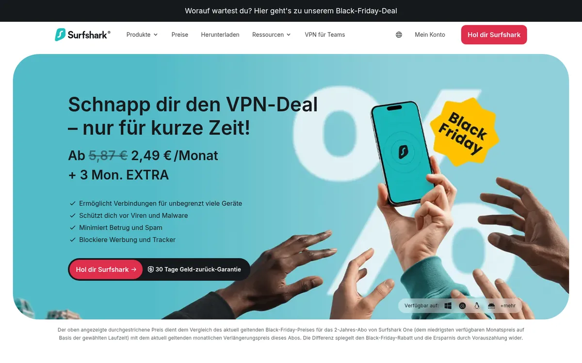 Startseite von Surfshark am Computer – im Vergleich: bester VPN für Österreich