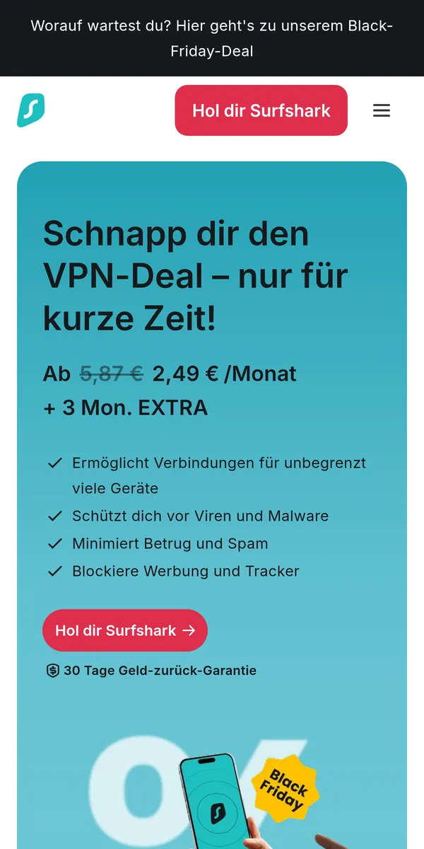 Startseite von Surfshark auf dem Smartphone – im Vergleich: bester VPN für Österreich