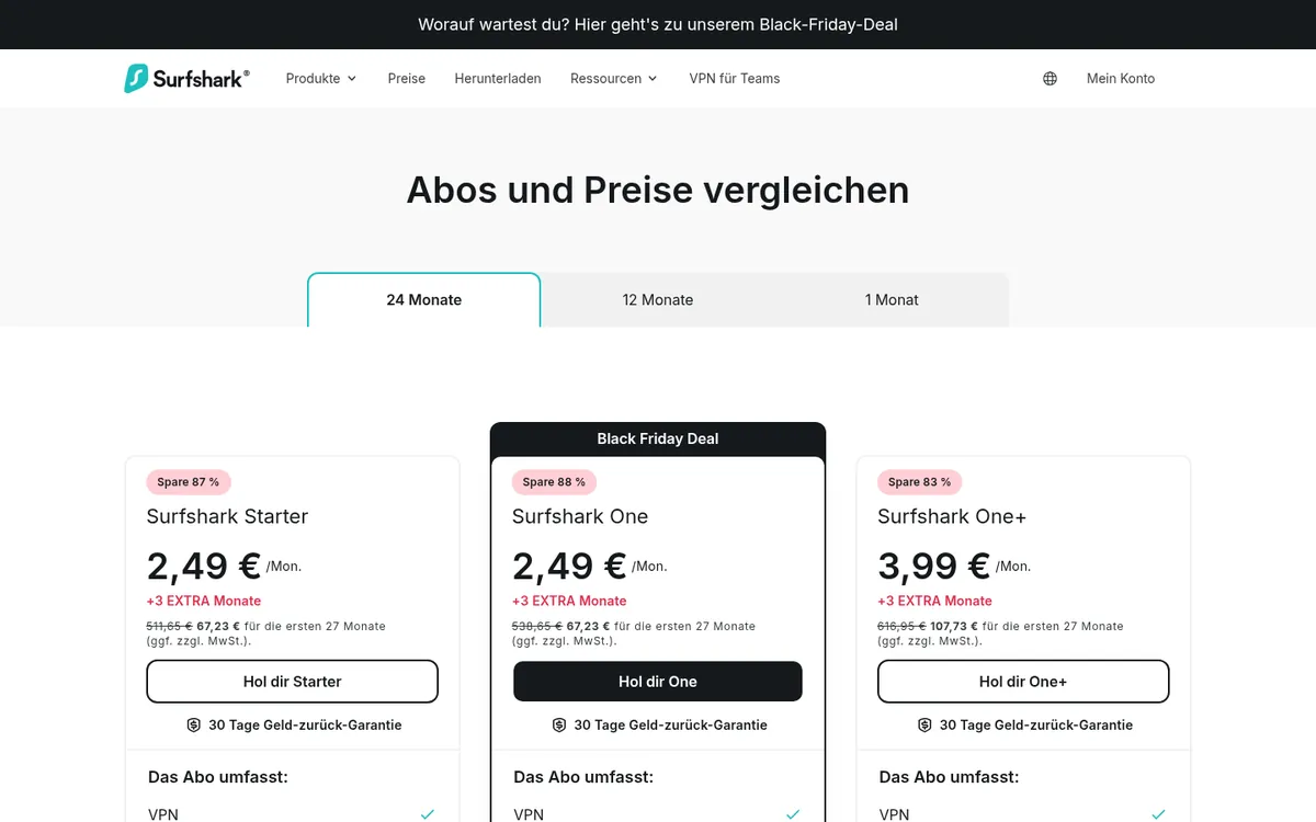 Preisseite von Surfshark mit den Laufzeiten in Euro