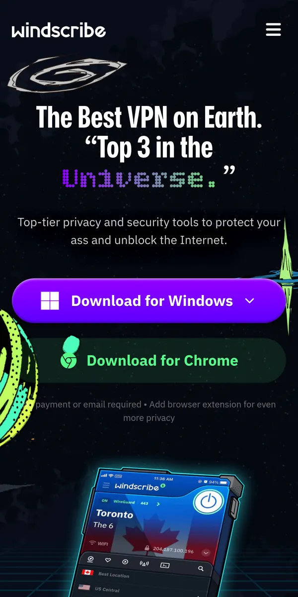 Startseite von Windscribe auf dem Smartphone – im Vergleich: bester VPN für Österreich